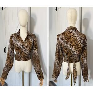 VTG XOXO Size L Wrap Top Blouse Leopard Animal Print Grunge Y2K Whimsigoth